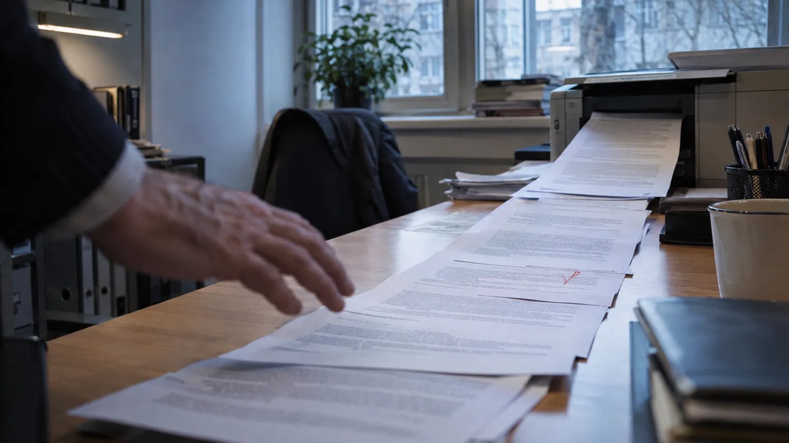 Ein Papierstapel liegt auf einem Schreibtisch, eine Hand zögert über einer rot markierten Seite.