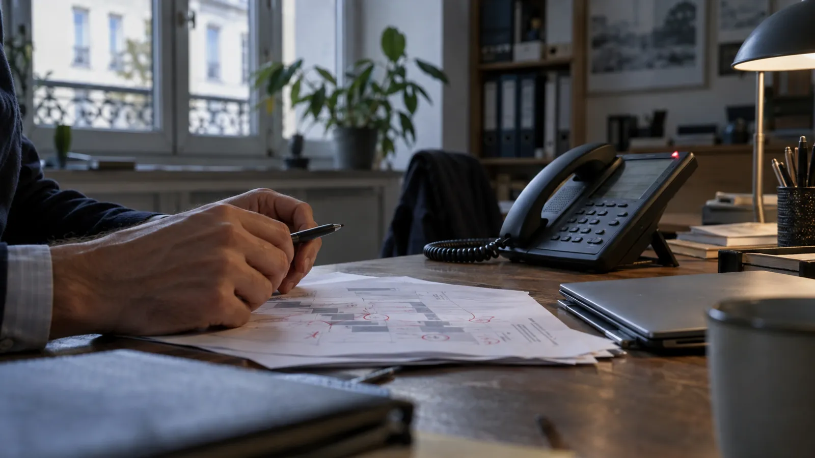 Ein klingelndes Bürotelefon neben einem mit handschriftlichen Korrekturen versehenen Ablaufplan.