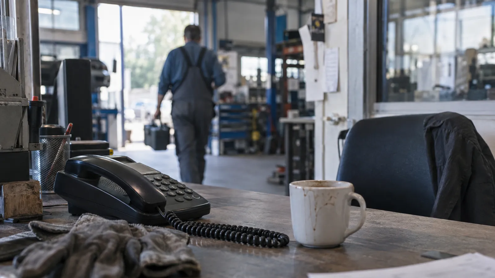 Ein klingelndes Bürotelefon steht unbeantwortet neben Arbeitshandschuhen in einer Werkstatt.