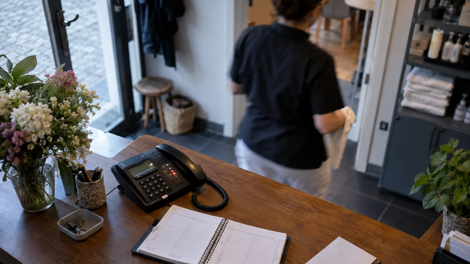 Ein klingelndes Telefon und ein unbeantwortetes Kontaktformular auf dem Empfangstresen eines kleinen Betriebs.