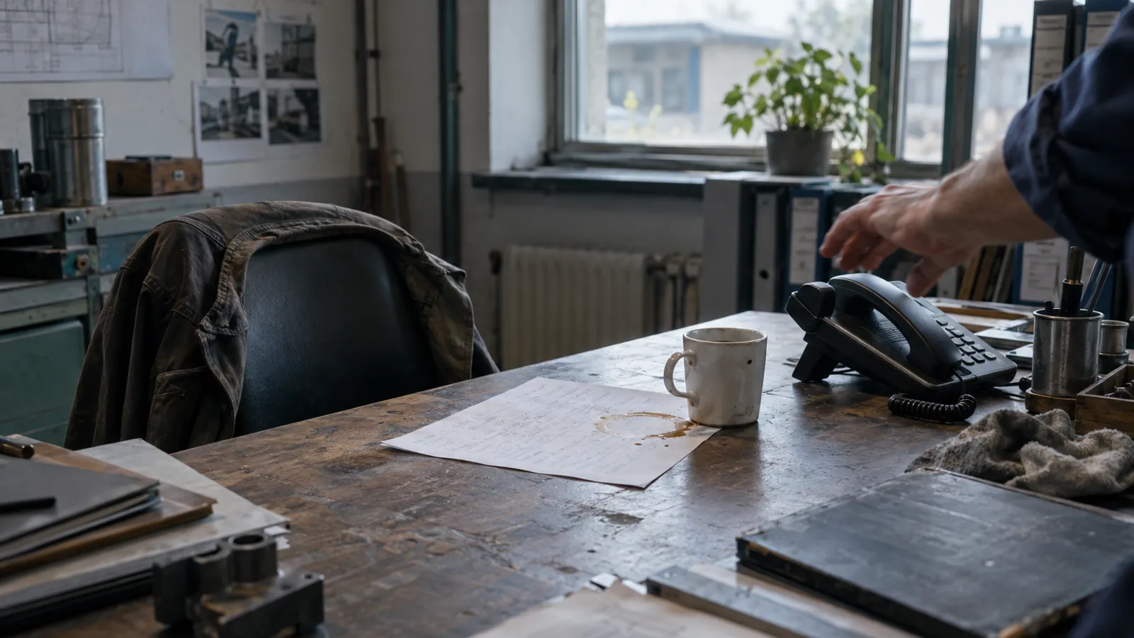 Hand greift neben einer Kaffeefleck-Notiz nach dem klingelnden Telefon im leeren Besprechungsraum.