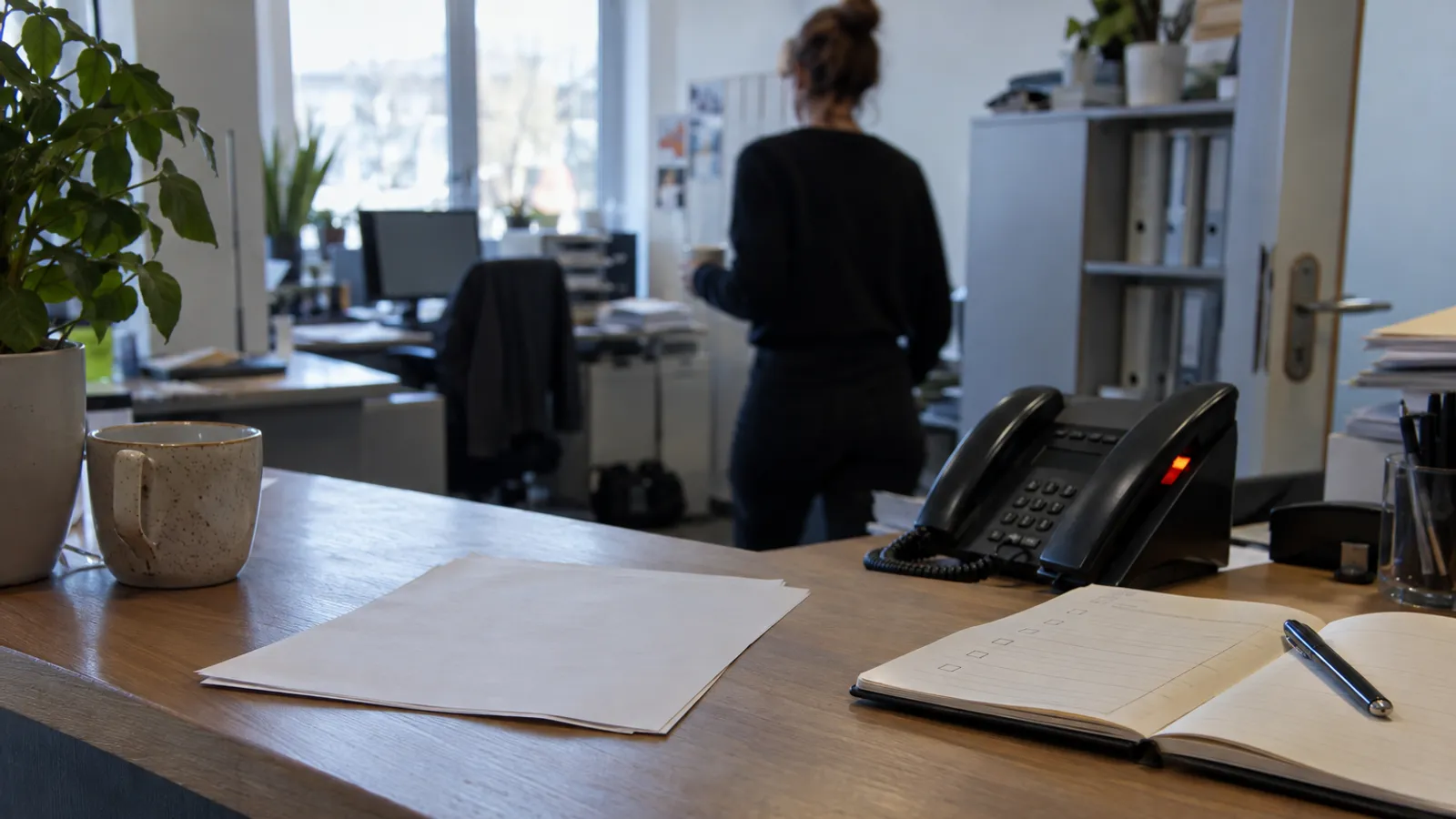 Ein klingelndes Telefon und ein verdecktes Kundendokument auf einem Empfangstresen