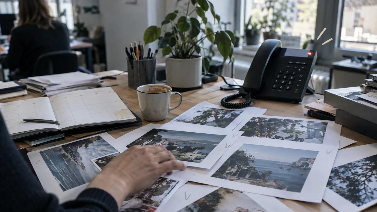 Hand über freigelegten Fotobeispielen neben klingendem Telefon und Wochenkalender auf einem Schreibtisch