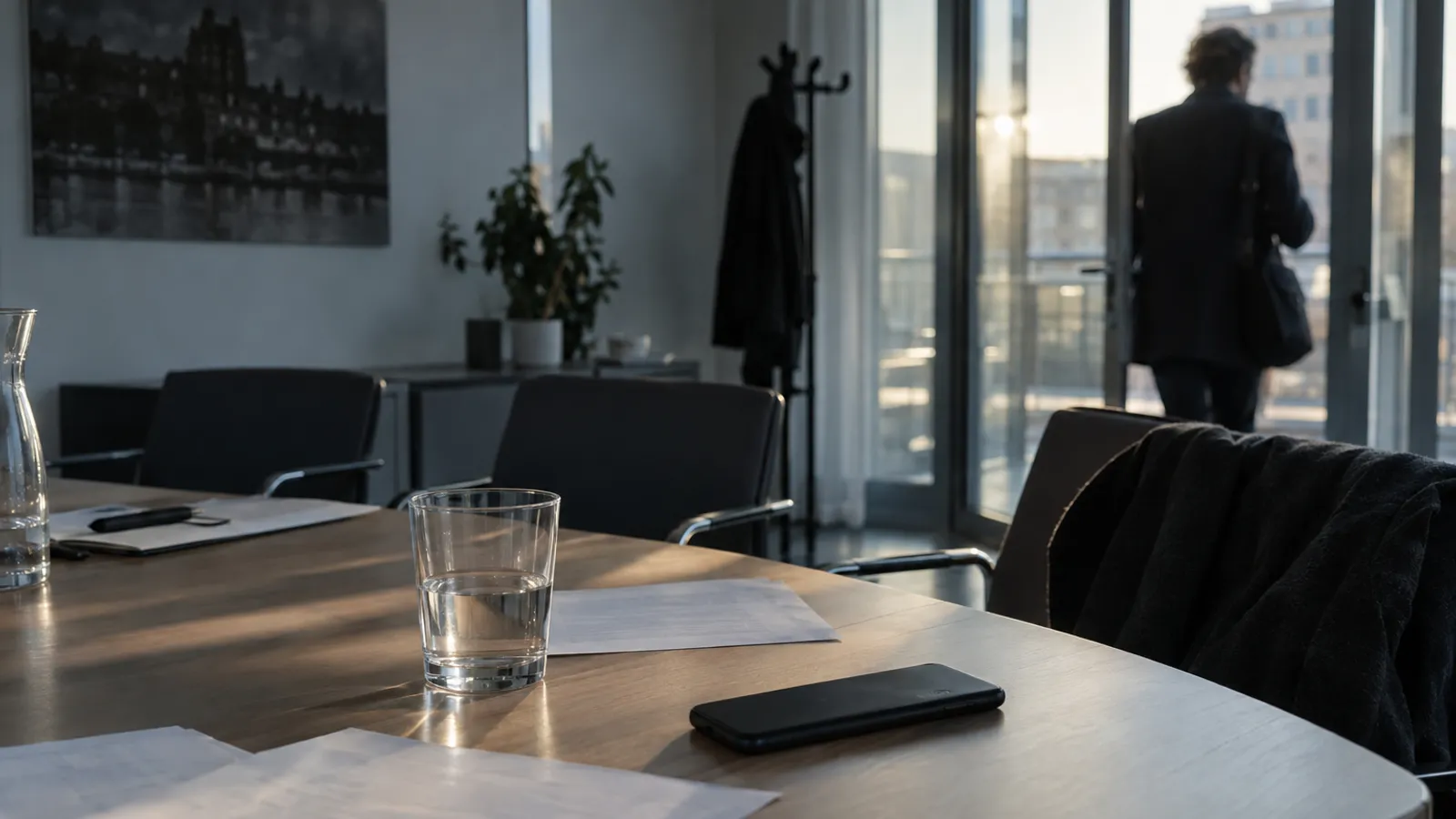 Ein Smartphone liegt neben Wasserglas und Unterlagen auf dem Tisch eines leeren Besprechungsraums.